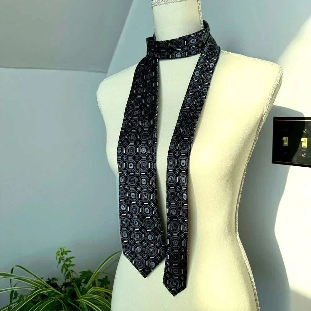 Pronto Uomo Couture Silk Tie 3.25” Width Black with Blue & Gray Geometric Print‎